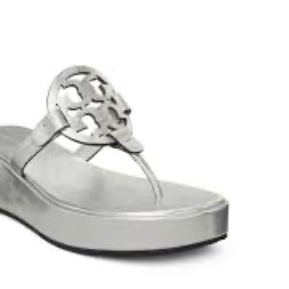 NIB Tory Burch Burch  Miller Leather Wedge Sandals SILVER METALLIC